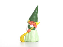 UpperDutch:,Sweeping Gnome figurine green dress, Gnome after a design by Rien Poortvliet, Brb Gnome with broom, Lisa the Gnome.