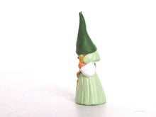 UpperDutch:,Sweeping Gnome figurine green dress, Gnome after a design by Rien Poortvliet, Brb Gnome with broom, Lisa the Gnome.