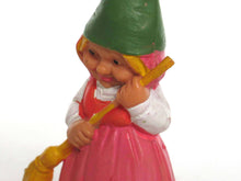 UpperDutch:,Sweeping Gnome figurine pink dress, Gnome after a design by Rien Poortvliet, Brb Gnome with broom, Lisa the Gnome.