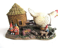 UpperDutch:,'The Sunshine Family' Gnome family with chicken camper figurine. Part of the 2000 Classic Gnomes Villages series designed by Rien Poortvliet