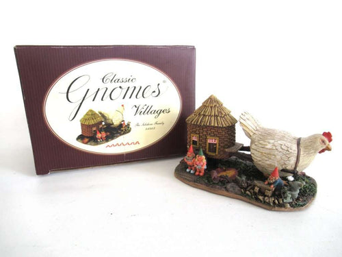 UpperDutch:Gnome,'The Sunshine Family' Gnome family with chicken camper figurine. Part of the 2000 Classic Gnomes Villages series designed by Rien Poortvliet