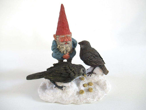 UpperDutch:Gnome,'Thomas & Birds' Classic Gnomes figurine. David the gnome feeding birds in the snow. Designed by Rien Poortvliet.
