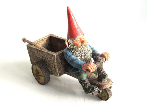 UpperDutch:,'Thomas' Gnome riding a cargo bike with shovel. Gnome figurine after a design by Rien Poortvliet. Classic Gnomes series. AAAAAAA International Co. Ltd.