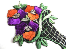 UpperDutch:Sewing Supplies,Applique, flower basket applique, 1930s vintage embroidered applique. Vintage floral patch, sewing supply.