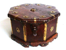 UpperDutch:Home and Decor,Tea Caddy, Antique wooden box, octagon shaped casket with brass ornaments, four compartments separated by a divider.