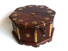 UpperDutch:Home and Decor,Tea Caddy, Antique wooden box, octagon shaped casket with brass ornaments, four compartments separated by a divider.