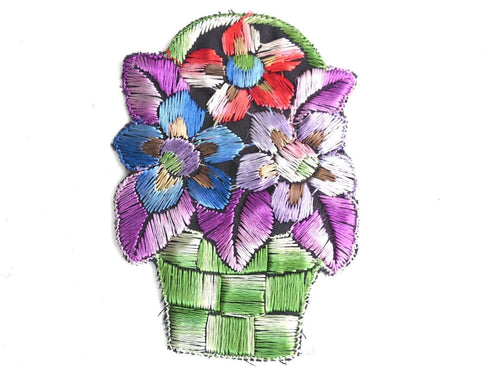 UpperDutch:Sewing Supplies,Flower basket applique, 1930s vintage embroidered applique. Vintage floral patch, sewing supply.