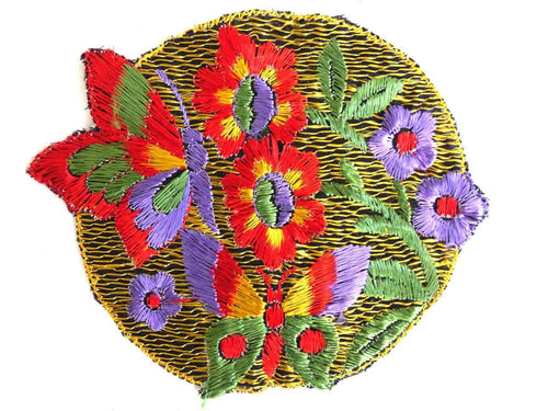 UpperDutch:Sewing Supplies,Applique, butterfly on flower applique, 1930s vintage embroidered applique. Vintage floral patch, sewing supply.