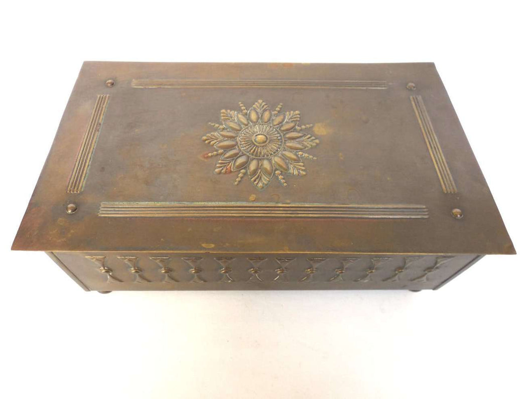 UpperDutch:Tin,Antique Brass Cigar Box, Hinged Copper Box, Art nouveau copper box, Cigar Casket, Art Nouveau design, brass cigar box.