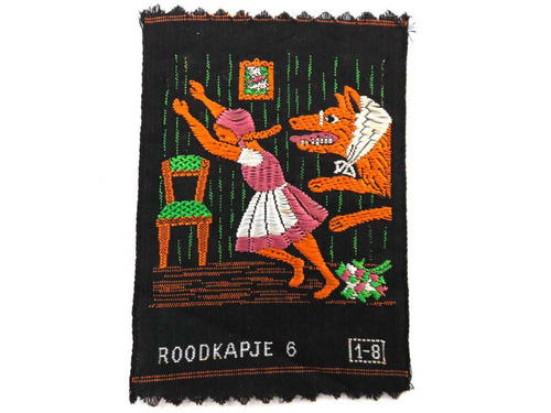 UpperDutch:Sewing Supplies,Little Red Riding Hood Applique, 1930s Antique Embroidered applique, application, patch. Vintage patch, sewing supply.