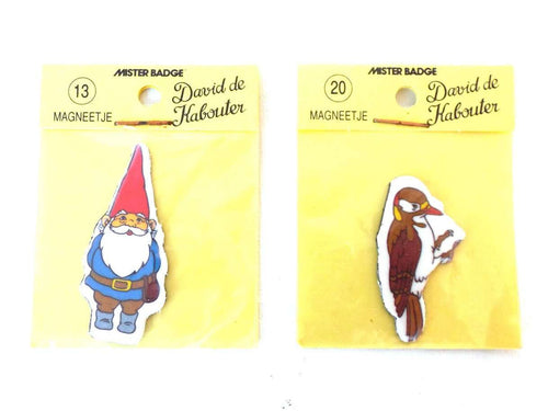 UpperDutch:Gnomes,Set of David the Gnome magnets, Gnome magnet, Gnome after a design by Rien Poortvliet, Brb Gnome, David the Gnome, 1980's.