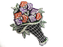 UpperDutch:Sewing Supplies,Applique, flower basket applique, 1930s vintage embroidered applique. Vintage floral patch, sewing supply.