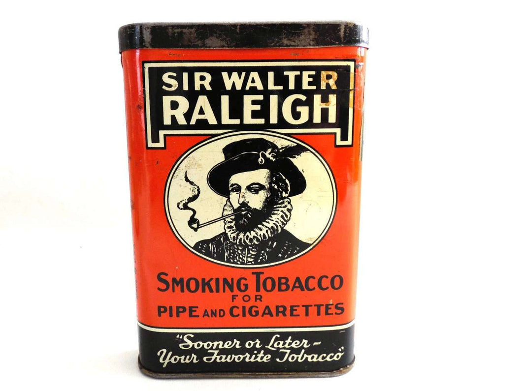 UpperDutch:Tin,Tobacco tin. Sir Walter Raleigh Smoking Tobacco tin. Collectible advertising tobacco, cigar tin. Tobacciana, storage.