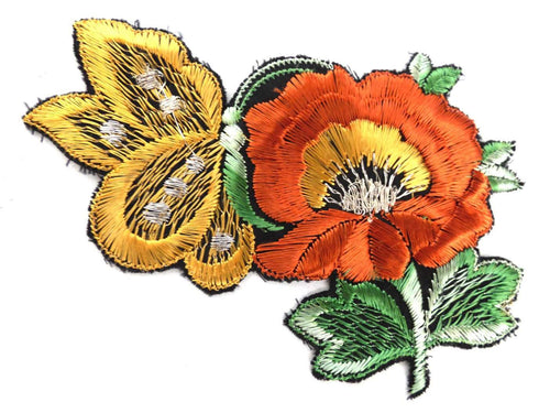 UpperDutch:Sewing Supplies,Applique, butterfly on flower applique, 1930s vintage embroidered applique. Vintage floral patch, sewing supply.