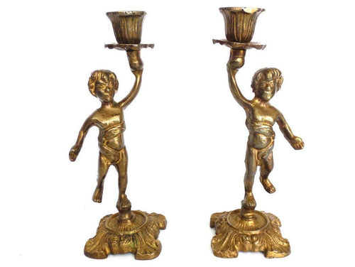 UpperDutch:Candelabras,Cherub, Candle Holders. Set of 2 Solid Brass Candle holders. Cherub, Putti. French home decor.