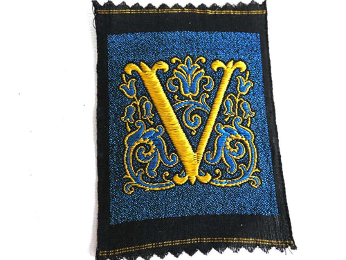 UpperDutch:Sewing Supplies,Monogram V Applique  1930s Vintage Embroidered 'Letter V' applique. Alphabet Patch / Monogram application, antique letter.