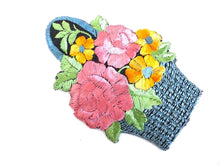UpperDutch:Sewing Supplies,Antique Applique, flower basket applique, 1930s vintage embroidered applique. Vintage floral patch, sewing supply.
