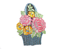 UpperDutch:Sewing Supplies,Antique Applique, flower basket applique, 1930s vintage embroidered applique. Vintage floral patch, sewing supply.