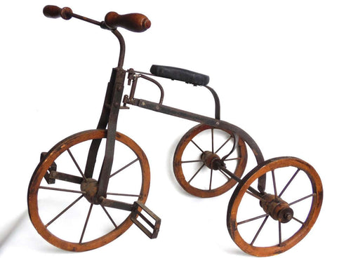 UpperDutch:Home and Decor,Tricycle, Metal & Wooden Toy Tricycle, Antique Doll Replica Decor Accessory, children's room decoration.