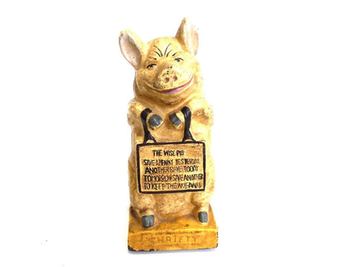 UpperDutch:Home and Decor,Antique Saving bank, Thrifty, The Wise Pig, Piggy bank, Antique cast iron saving bank, pig bank.