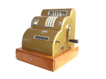 UpperDutch:Home and Decor,1950s Helios Cash Register, Gold tone store decor. Rockabilly decoration. Mechanical Hand crank working cash register.