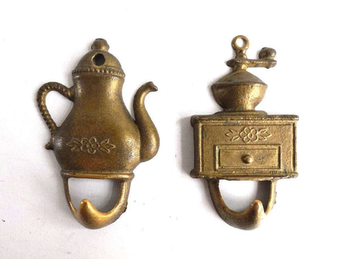 UpperDutch:Hooks and Hardware,Set of 2 Brass Kitchen hooks, Towel hooks. Small Vintage hooks.