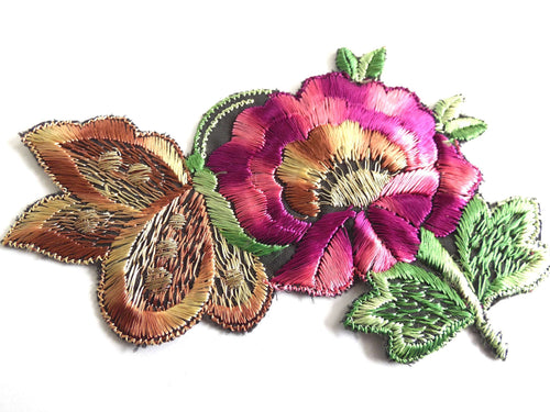 UpperDutch:Sewing Supplies,Antique Applique butterfly on flower applique, 1930s vintage embroidered applique. Vintage floral patch, sewing supply.