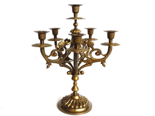 UpperDutch:Candelabras,Candle holder Heavy Solid Brass 6 arm Candelabra.