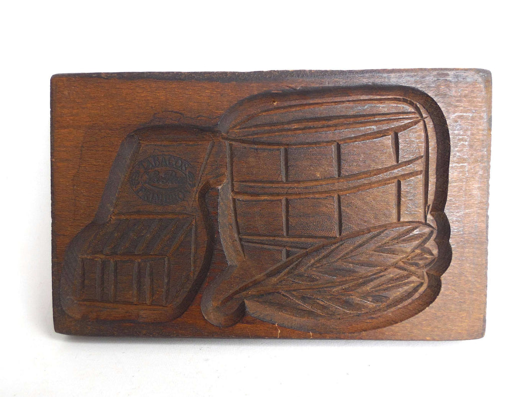UpperDutch:Cookie Mold,Wooden cookie mold with Tobacco Scenes. Wooden Cookie Mold. Tabacos Primeros, La Paz. Springerle.