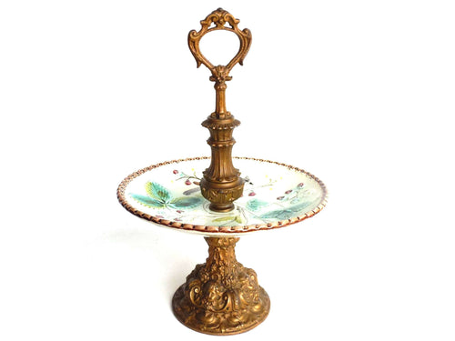 UpperDutch:Home and Decor,Antique Serving Stand, Etagere, Majolica, Bon Bon stand, serving tray dish, Ceramic serving tray with handle.