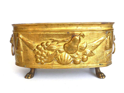 UpperDutch:Planter,Antique Brass Planter with Lion Feet and Lion Handles, Brass Planter, Copper Pot, Antique Copper Planter.
