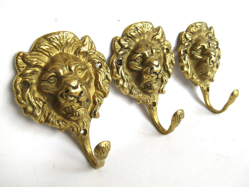 UpperDutch:Hooks and Hardware,Set of 3 Vintage Lion Head Coat hooks, Wall hook, Lion Coat Hook.