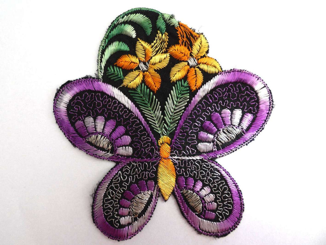 UpperDutch:Sewing Supplies,Butterfly Applique, Flower applique, 1930s vintage embroidered applique. Vintage floral patch, sewing supply, silk patch.