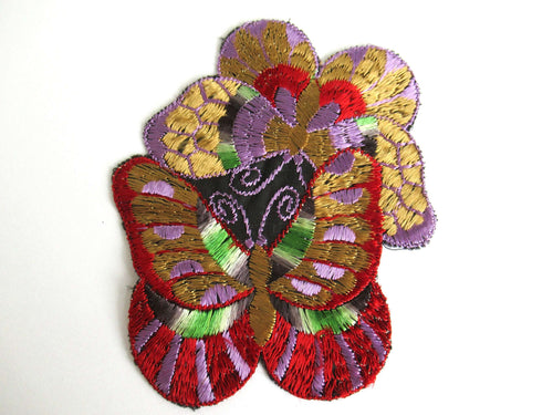 UpperDutch:Sewing Supplies,Applique, butterfly on flower applique, 1930s vintage embroidered applique. Vintage floral patch, sewing supply.