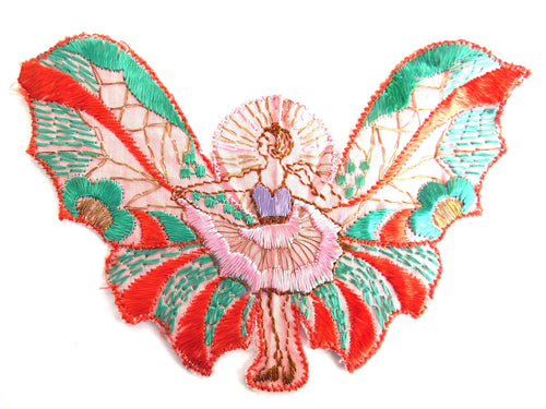 UpperDutch:Sewing Supplies,Applique fairy, butterfly applique, 1930s vintage embroidered applique. Vintage patch, sewing supply.