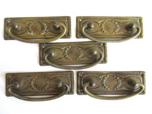 UpperDutch:Hooks and Hardware,1 (ONE) NOS Brass Antique Drawer Handle with laurel, Old cabinet pull escutcheon, hanging pull.
