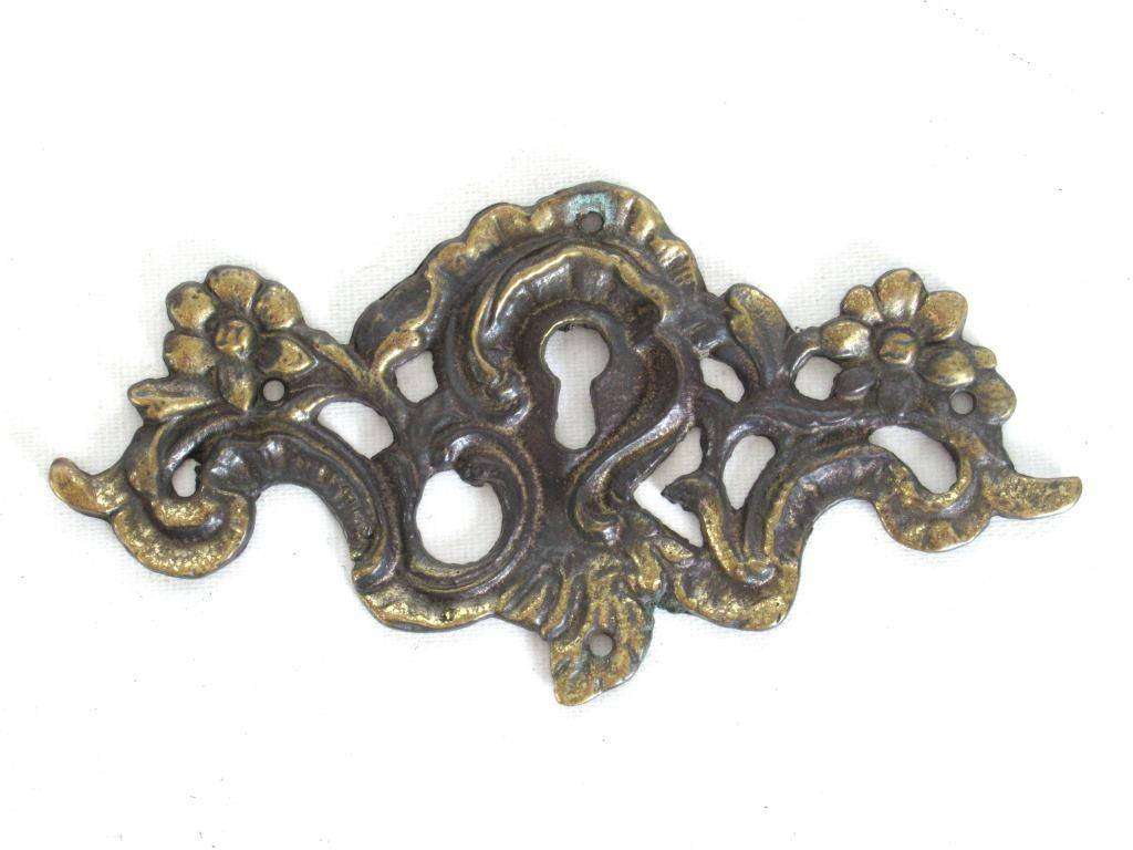 UpperDutch:,Keyhole frame Escutcheon, Antique Brass Key hole cover, plate, floral. Victorian, art nouveau furniture hardware. Jugendstil