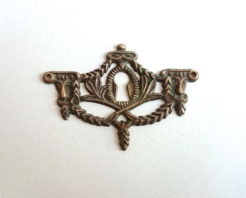 UpperDutch:Hooks and Hardware,Keyhole cover, Antique brass escutcheon, keyhole frame, plate.