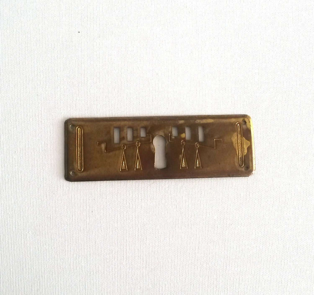 UpperDutch:Hooks and Hardware,Authentic Vintage Shabby antique Art Deco Keyhole cover. Stamped Escutcheon, keyhole plate.