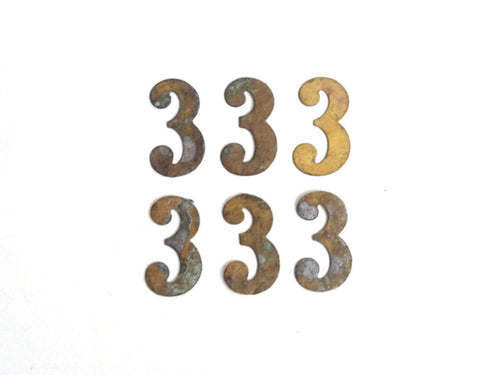 UpperDutch:Numbers,ONE Antique Three, Number 3, Authentic Shabby Brass Number Three. Room number / Table number