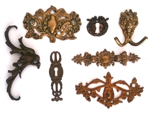 UpperDutch:Hooks and Hardware,Collection DAMAGED ornamental pieces, escutcheon covers / dragon / antique handle plates / hook, Sold as is: broken.