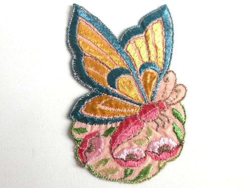UpperDutch:Sewing Supplies,Applique, butterfly applique, 1930s vintage embroidered applique. Vintage floral patch, sewing supply.
