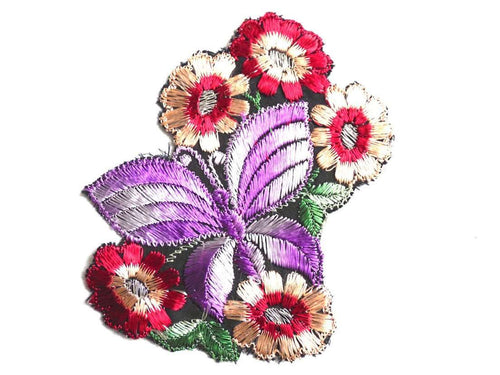 UpperDutch:Sewing Supplies,Applique, butterfly patch, 1930s vintage embroidered applique. Vintage floral patch, sewing supply.