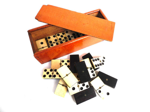 UpperDutch:Home and Decor,Antique Domino Set - Complete Set of 28 pieces Antique European dominoes. Ebony and Bone. Antique domino game.