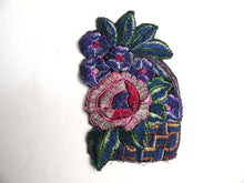 UpperDutch:Sewing Supplies,Applique, flower basket applique, 1930s vintage embroidered applique. Vintage floral patch, sewing supply.