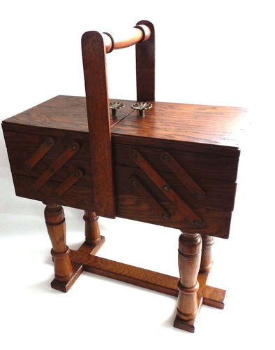 UpperDutch:Furniture,Sewing chest, Antique Wooden Sewing Box on legs. Storage box for sewing supplies or jewelry. Cantilever sewing box.