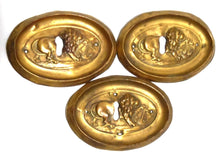 UpperDutch:Hooks and Hardware,Set of 3 Brass Antique Keyhole covers. Antique Stamped, pressed Brass, Copper Ornament. Brass furniture applique.