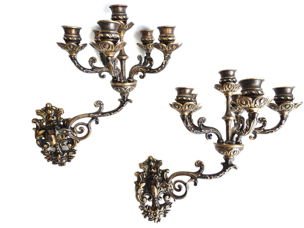 UpperDutch:Candelabras,Ornate wall Sconces, Pair Antique Solid Brass Victorian Wall sconces - 5 Arm Wall Candle Holders, Candle Wall Sconce.