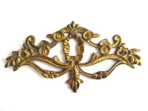 UpperDutch:Keyhole cover,Escutcheon, Antique Brass Keyhole cover, keyhole frame plate, floral. Victorian furniture hardware.