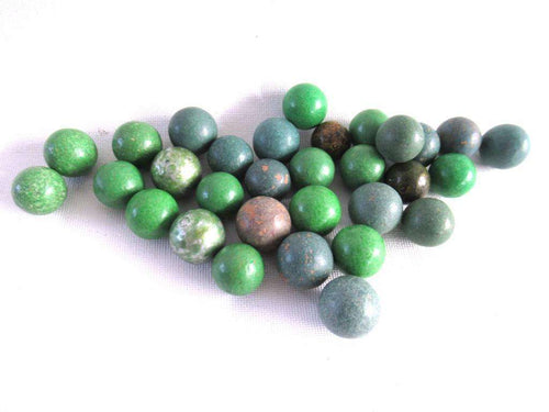 UpperDutch:Marbles,Green Marbles, Set of 30 green Antique Clay Marbles.